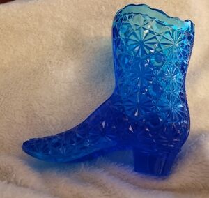 Vintage Fenton Cobalt Blue Glass Boot Daisy Button Pattern 4"x 4" No Marking